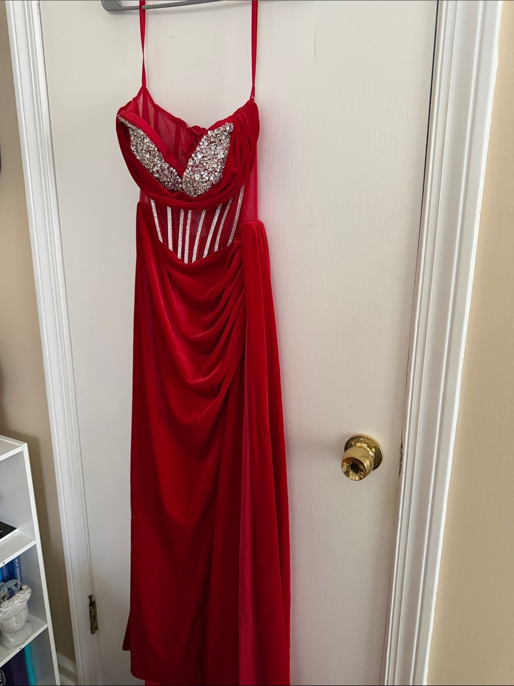 Red Rhinestone Bust Evening Gown with Draped Skirt